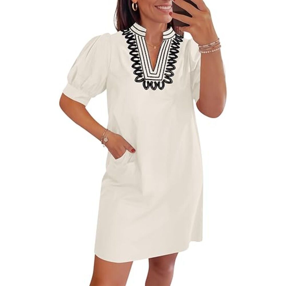 Women's Beige V Neck A Line Short Sleeve A Line  Embroidered Boho Short Dress